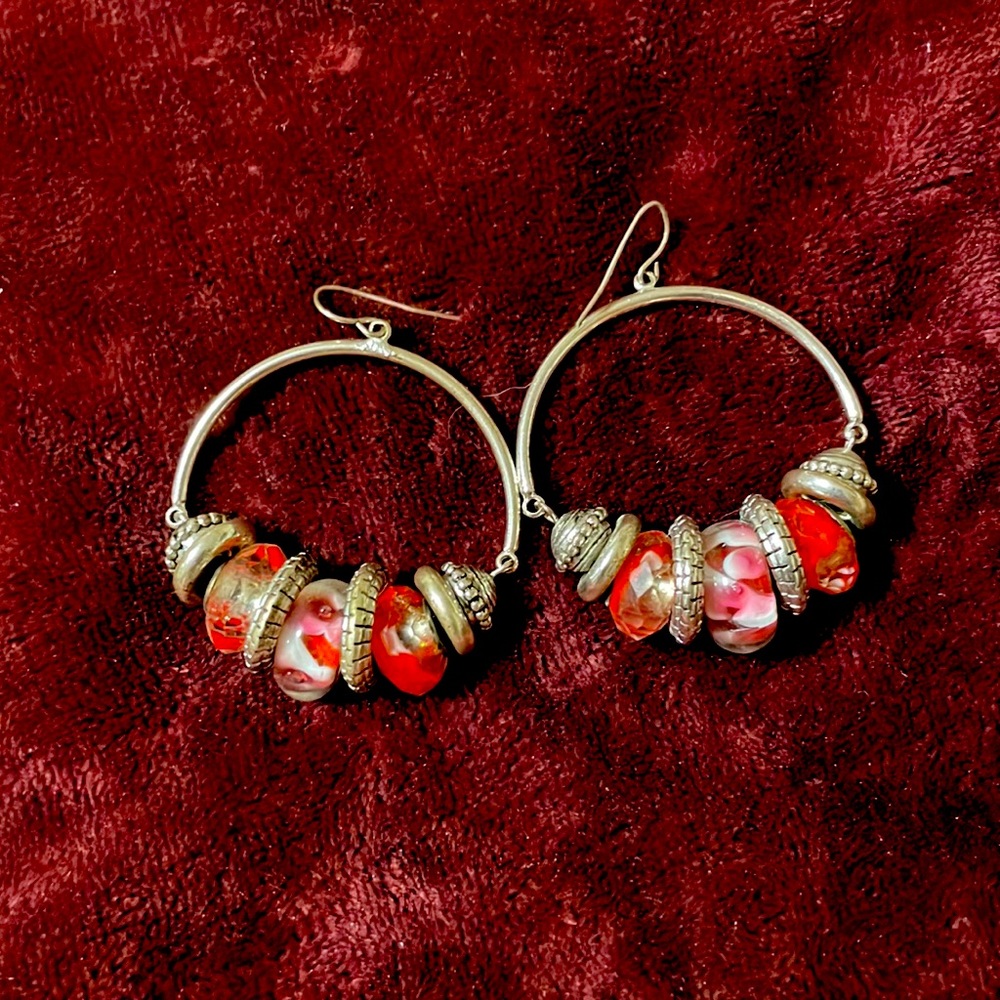 Marble like orange white beads with silver